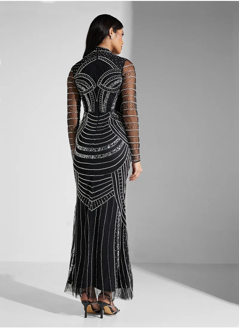 نمشي x Sweetheart Neckline Cutout Detail Beaded Evening Dress