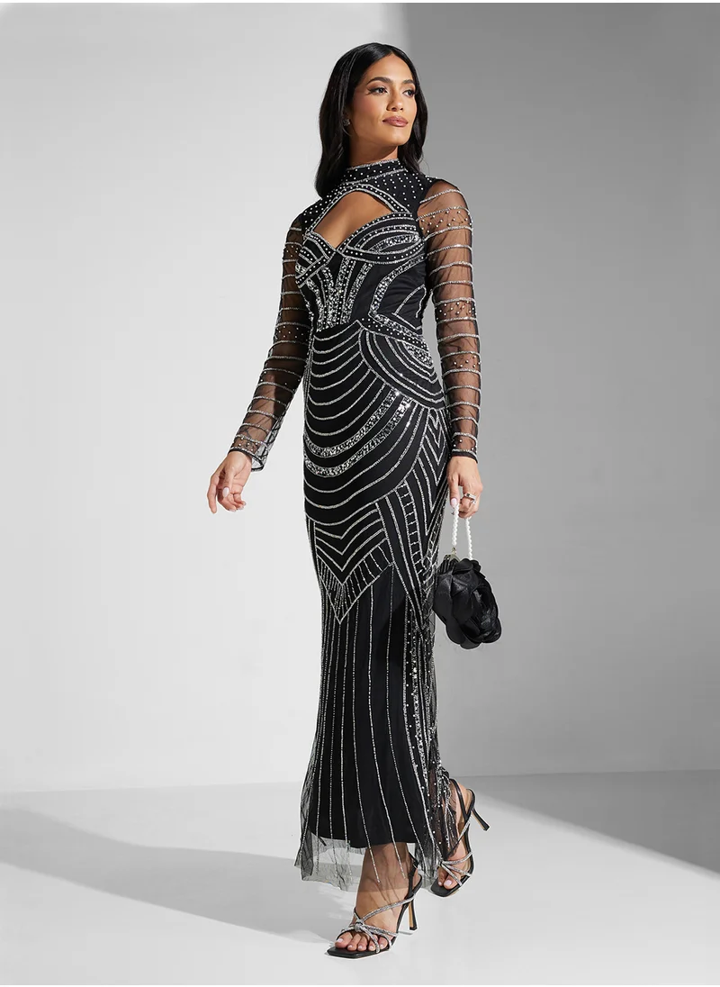 نمشي x Sweetheart Neckline Cutout Detail Beaded Evening Dress