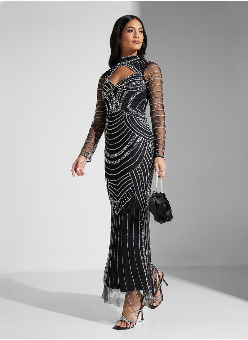 Namshi x Sweetheart Neckline Cutout Detail Beaded Evening Dress  - Image 1