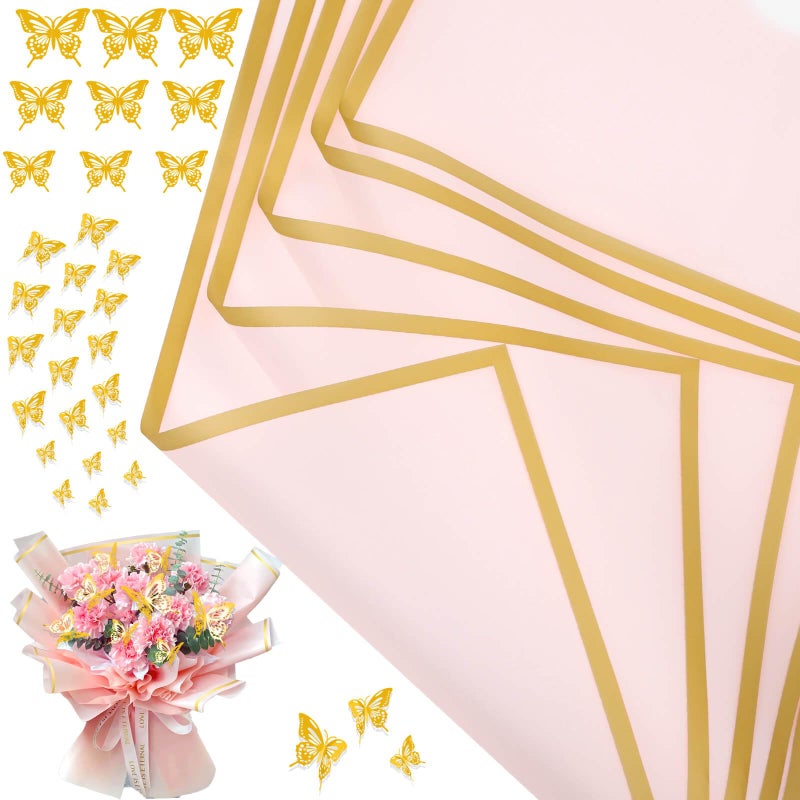 cridoz 20 Sheets Flower Bouquet Wrapping Paper with 12 Pieces Gold Butterfly Decorations for Flower Bouquets, Waterproof Floral Bouquet Wrapping Paper for Flower, Gift Wrapping(Pink) - Image 1