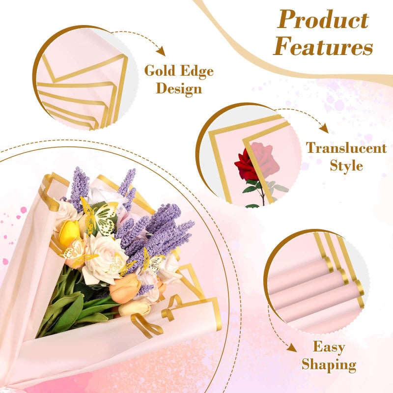 cridoz 20 Sheets Flower Bouquet Wrapping Paper with 12 Pieces Gold Butterfly Decorations for Flower Bouquets, Waterproof Floral Bouquet Wrapping Paper for Flower, Gift Wrapping(Pink) - Image 3