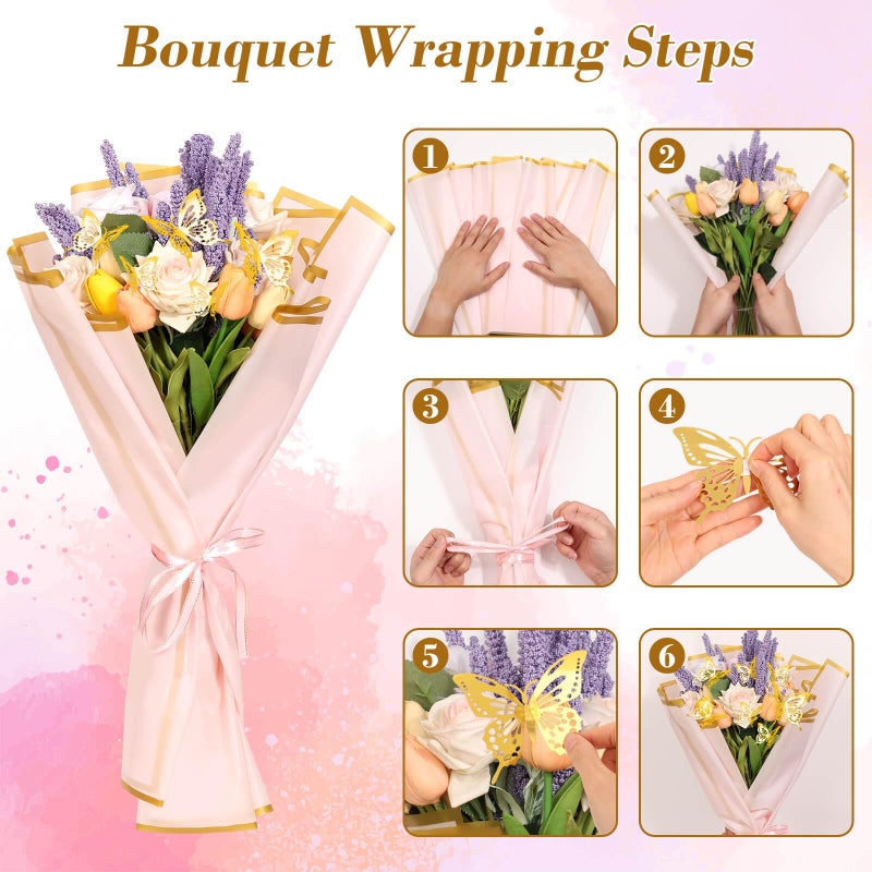 cridoz 20 Sheets Flower Bouquet Wrapping Paper with 12 Pieces Gold Butterfly Decorations for Flower Bouquets, Waterproof Floral Bouquet Wrapping Paper for Flower, Gift Wrapping(Pink) - Image 5