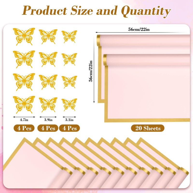 cridoz 20 Sheets Flower Bouquet Wrapping Paper with 12 Pieces Gold Butterfly Decorations for Flower Bouquets, Waterproof Floral Bouquet Wrapping Paper for Flower, Gift Wrapping(Pink) - Image 2