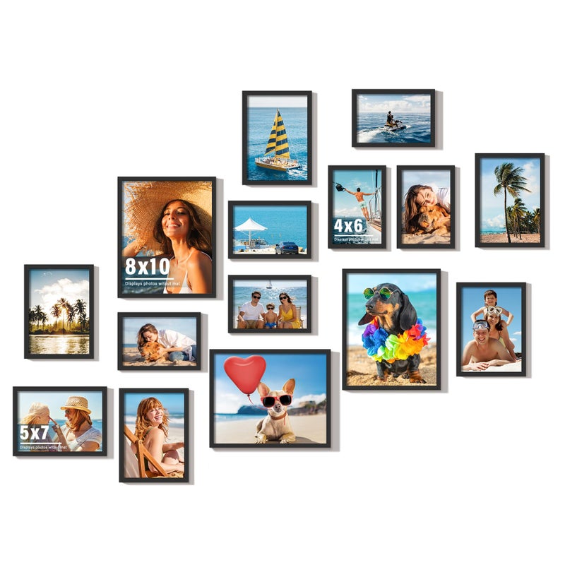DUENPY 15 Pack Picture Frames Collage Wall Decor, Black Frame Set with 3pcs 8x10, 6pcs 5x7, 6pcs 4x6 for Gallery Display, Wall Mounting & Tabletop, Bulk Photo Frames for Living Room Decor - Image 1