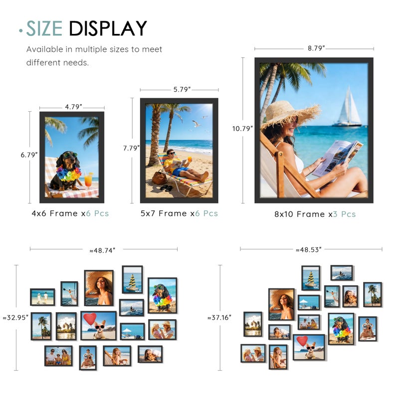 DUENPY 15 Pack Picture Frames Collage Wall Decor, Black Frame Set with 3pcs 8x10, 6pcs 5x7, 6pcs 4x6 for Gallery Display, Wall Mounting & Tabletop, Bulk Photo Frames for Living Room Decor - Image 2