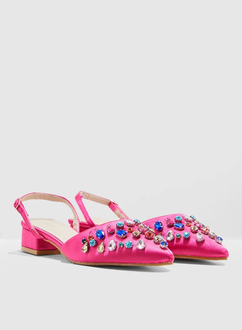 Ginger Block Heel Ballerina With Diamante Detail