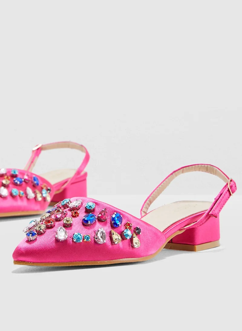 Ginger Block Heel Ballerina With Diamante Detail