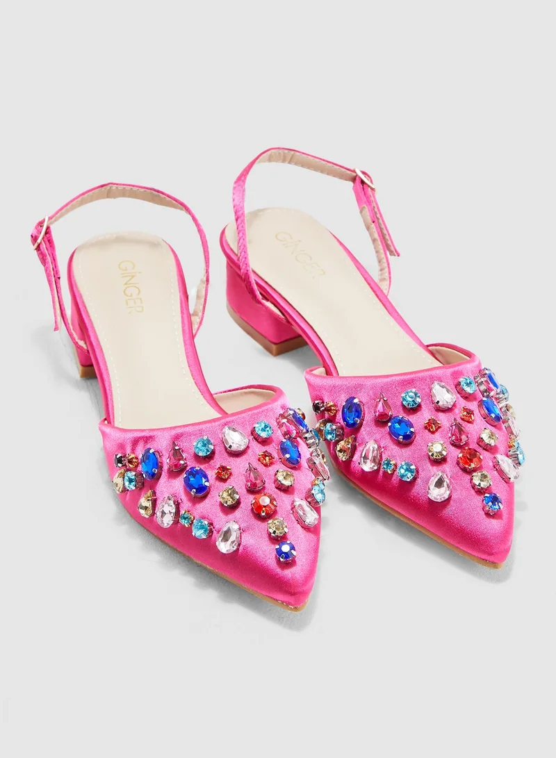 Ginger Block Heel Ballerina With Diamante Detail