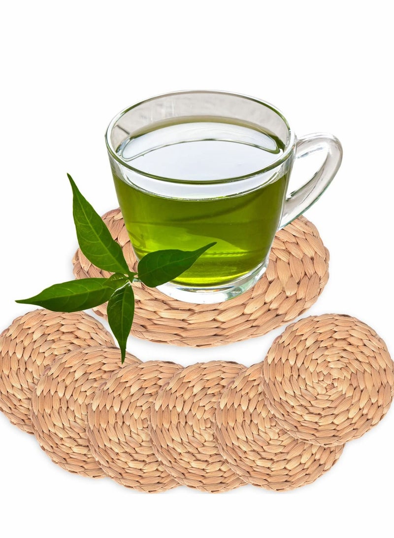 Excefore طقم 6 حصائر دائرية من القش بطول 10 سم لحماية الكؤوس لامتصاص المشروبات، مزينة بأسلوب بوهيمي، ديكور مكتبي - Image 1