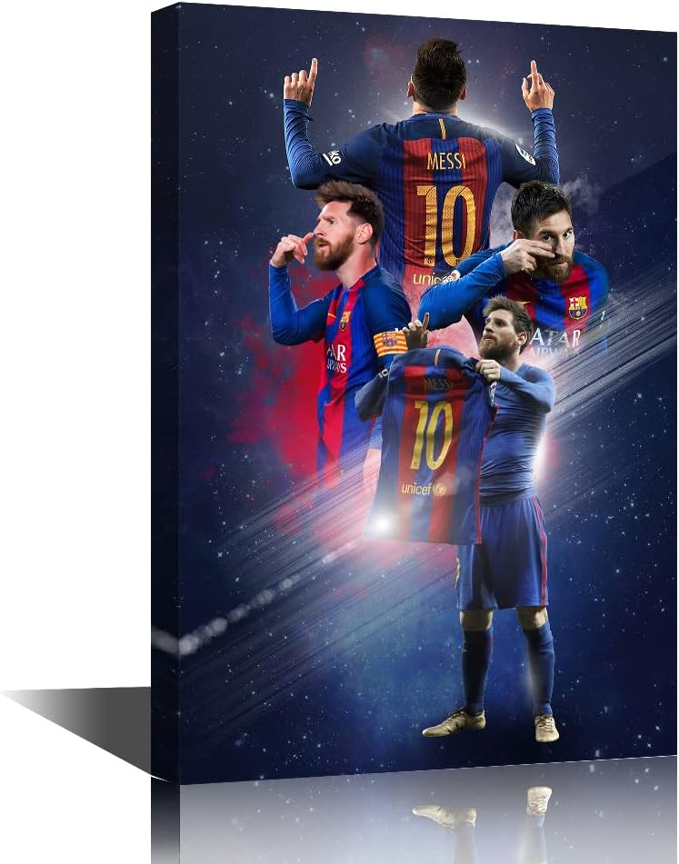 تيشيرون لوحة حائط قماشية نجم كرة القدم لاعب كرة القدم الأرجنتيني الشهير ليونيل ميسي عمل فني حديث مطبوعات لغرفة المعيشة وغرفة النوم والمكتب وديكور النادي مشدود ومؤطر جاهز للتعليق - 24 عرض × 16 ارتفاع بوصة - Image 1