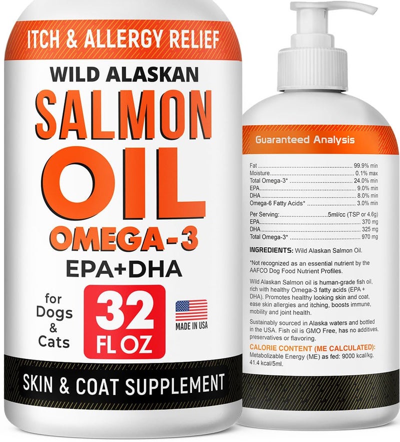 StrellaLab 32 OZ Salmon Oil for Dogs - Omega 3 for Dogs & Cats, Itch & Allergy Relief, Wild Alaskan Salmon Oil Dogs Skin & Coat, Dog Fish Oil Liquid, Shedding Supplement EPA & DHA Fatty Acids - Image 1