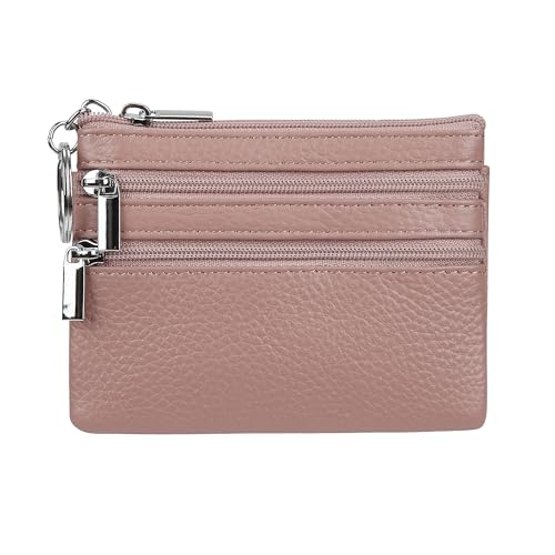 Cynure Women's Genuine Leather Coin Purse Mini Pouch Change Wallet with Keychain, Dark pink - Image 1