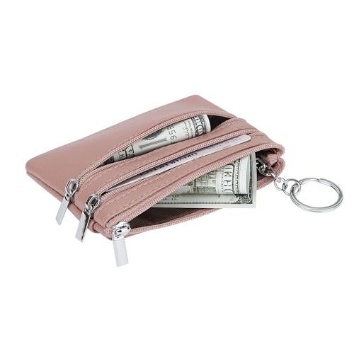 Cynure Women's Genuine Leather Coin Purse Mini Pouch Change Wallet with Keychain, Dark pink - Image 3