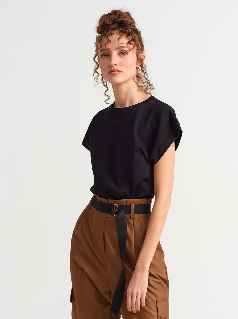 Dilvin Dilvin 3504 Crew Neck Combed Cotton Blouse-Black