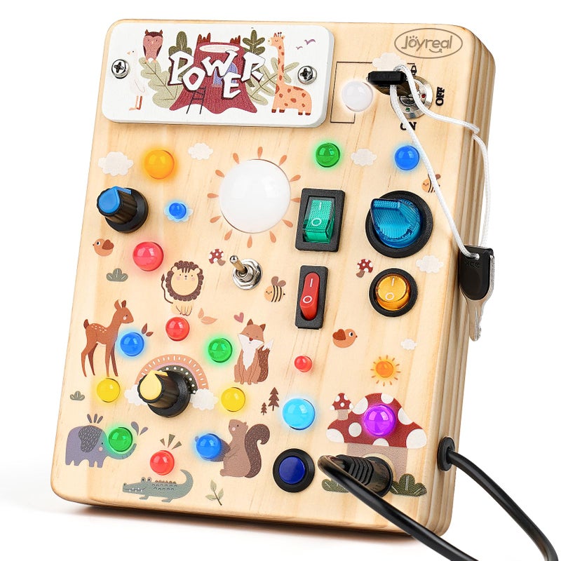 Joyreal Wooden Busy Board with LED Light Montessori Toddler Toys Wooden Sensory Board Toddlers Activity Travel Toys for Boy Girl Birthday Gift Forest Theme - Image 2