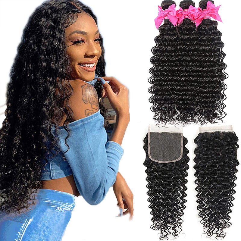 Aatifa Lace Rosa 9A Brazilian Virgin Hair Deep Wave 3 Bundles with Free Part Closure lace closure 100 Unprocessed Natural Color Can Be Dyed and Bleached 16182014 Inch - Image 2