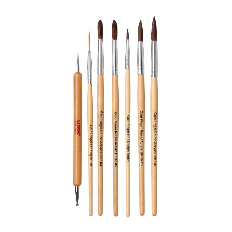Gold Finger Professional Nail Art Brush Set with Round Acrylic Brushes Nail Art Tool Set Pony Brown Hair Nail Polish Painting Dotting Line Pen for Gel Polish Nail Design