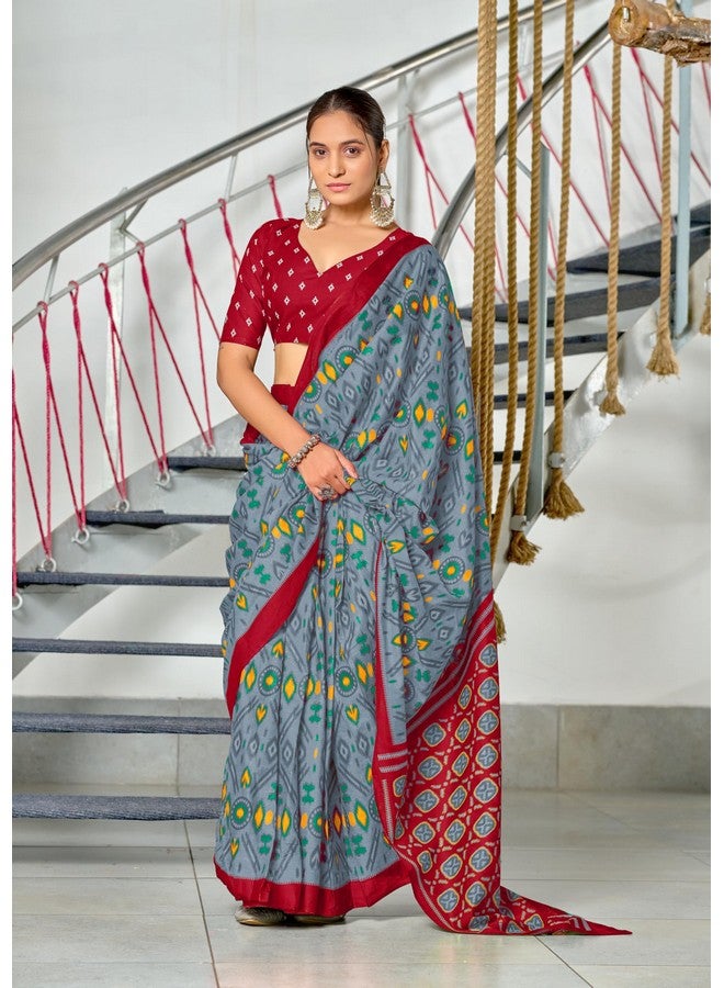 RADHA LAKSHMI Mulmul Pure Cotton Saree, Hand Block Print, Traditional Ikkat Pattern with Unstitched Blouse (10) (Grey) - Image 2