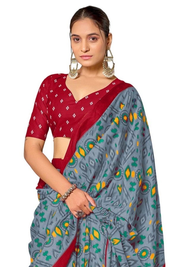 RADHA LAKSHMI Mulmul Pure Cotton Saree, Hand Block Print, Traditional Ikkat Pattern with Unstitched Blouse (10) (Grey) - Image 1