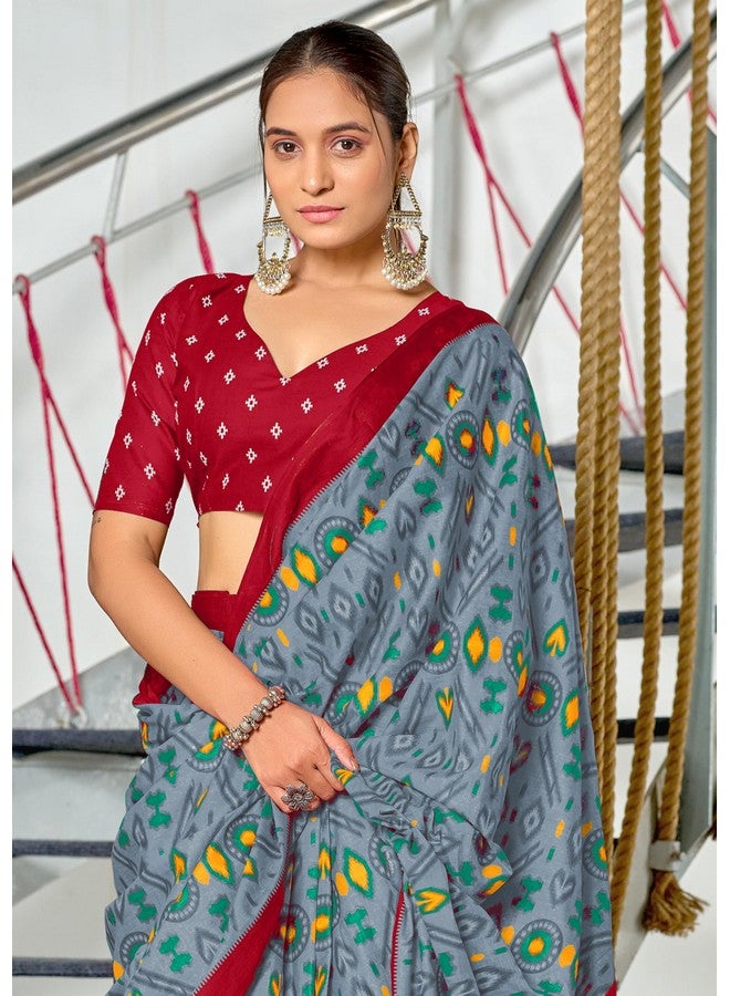 RADHA LAKSHMI Mulmul Pure Cotton Saree, Hand Block Print, Traditional Ikkat Pattern with Unstitched Blouse (10) (Grey) - Image 4