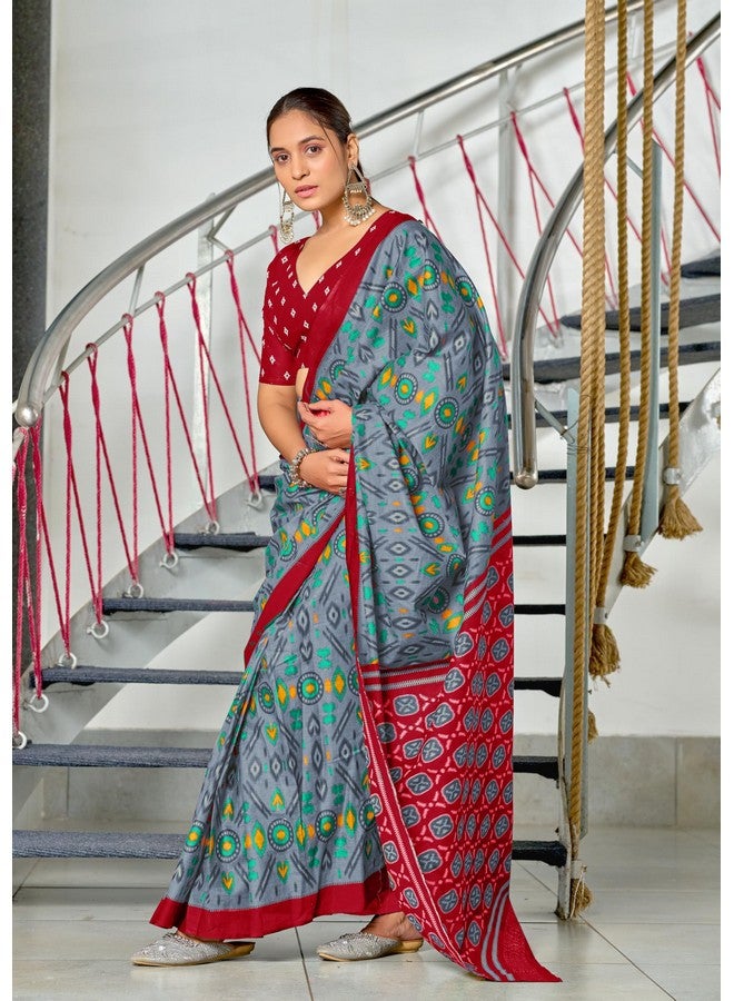 RADHA LAKSHMI Mulmul Pure Cotton Saree, Hand Block Print, Traditional Ikkat Pattern with Unstitched Blouse (10) (Grey) - Image 5