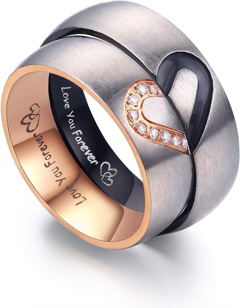 LAVUMO Matching Promise Rings for Couples Love You Forever Wedding Bands Sets for Him and Her Half Heart Rings Stainless Steel 6mm with Box Comfort Fit - Image 1