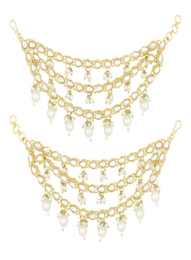 Peora Gold Plated White Kundan Studded Earrings Chain Ethnic Stylish Fashion Hair Accessories Jewellery Gift for Girls Women - Image 1