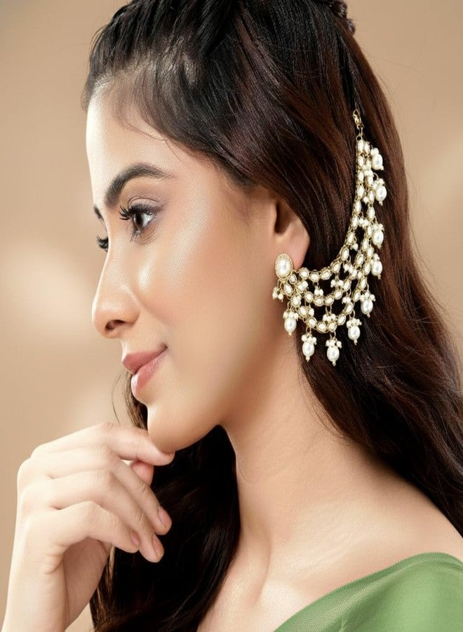 Peora Gold Plated White Kundan Studded Earrings Chain Ethnic Stylish Fashion Hair Accessories Jewellery Gift for Girls Women - Image 2