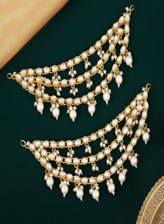 Peora Gold Plated White Kundan Studded Earrings Chain Ethnic Stylish Fashion Hair Accessories Jewellery Gift for Girls Women - Image 3