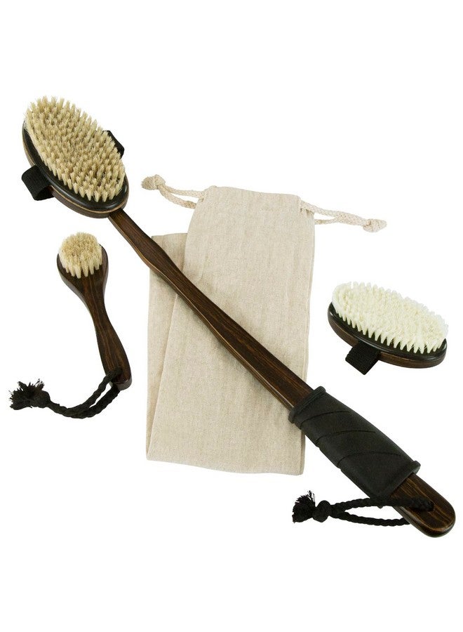 VIVE Dry Brush Set For Lymphatic Drainage (3 Pieces) - Brushing Scrubber For Exfoliating, Body Cellulite And Skin Massage - 100% Natural Boar Hair Bristles, 14” Long Dark Wooden Handle W/Storage Bag - Image 1