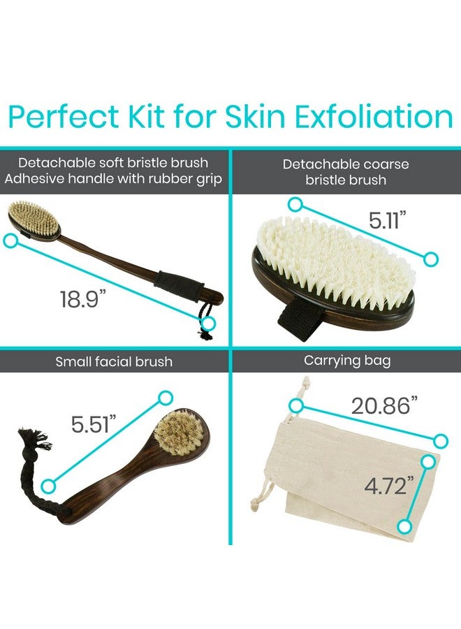 VIVE Dry Brush Set For Lymphatic Drainage (3 Pieces) - Brushing Scrubber For Exfoliating, Body Cellulite And Skin Massage - 100% Natural Boar Hair Bristles, 14” Long Dark Wooden Handle W/Storage Bag - Image 5