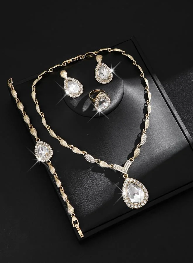 Take Two 4-Piece Green Rhinestone Drop Necklace, Bracelet, Ring and Earrings Jewelry Set