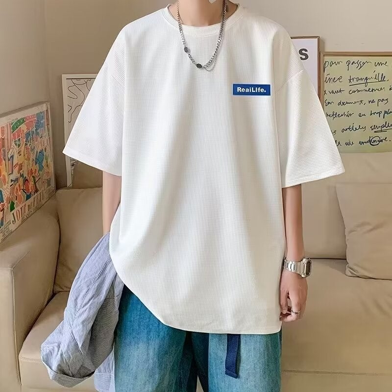 Thin Ice Silk Short-sleeved T-shirt Men's Summer 2024 New Arrival Waffle Casual Loose Half-sleeved Top Clothes Ins Trendy - Image 3