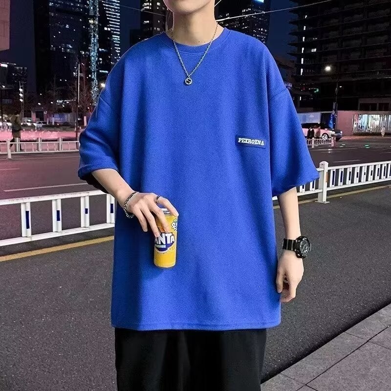Thin Ice Silk Short-sleeved T-shirt Men's Summer 2024 New Arrival Waffle Casual Loose Half-sleeved Top Clothes Ins Trendy - Image 1