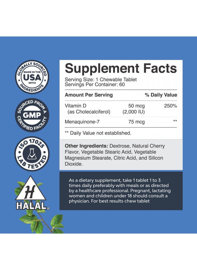 Vitamin D3 with K2 MK7 Supplement - Vitamin D3 2000 IU Tablets and Vitamin K2 for Immune Support Bone Health Heart Health Joint Support Bone Strength and Mood Boost - VIT D3 K2 Immune System Support