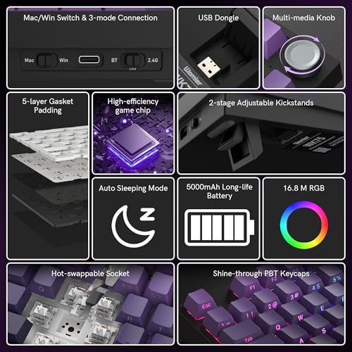 COSTOM WK75 75% Wireless Gaming Mechanical Keyboard,BT5.0/2.4GHz/USB-C, Hot Swappable Pre-lubed Custom Linear Switches,Gasket Structure,RGB Backlit Keyboard for PC/Laptop/Xbox/PS4/PS5 (Purple) - Image 3
