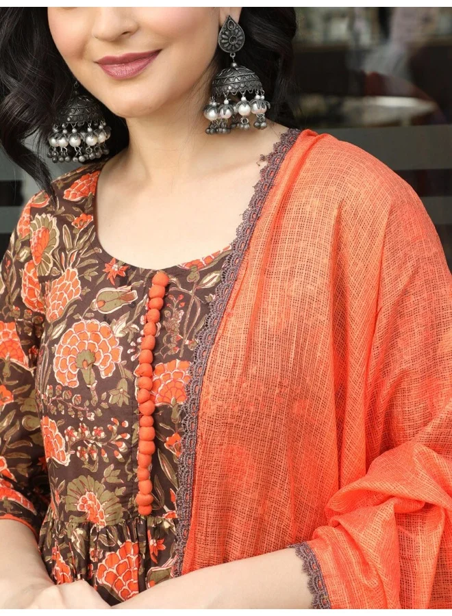 AKS AKS Couture Floral Printed Pure Cotton Kurta with Sharara & Dupatta