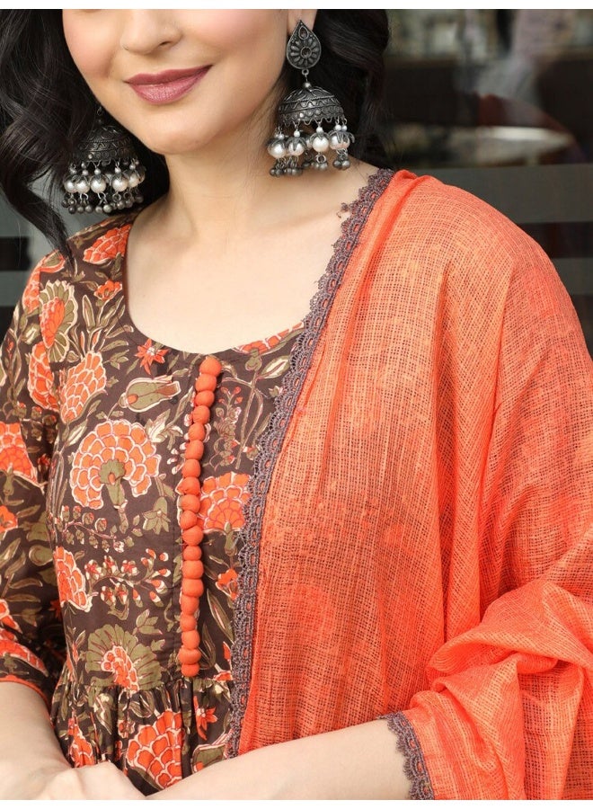 AKS Couture Floral Printed Pure Cotton Kurta with Sharara & Dupatta - Image 2