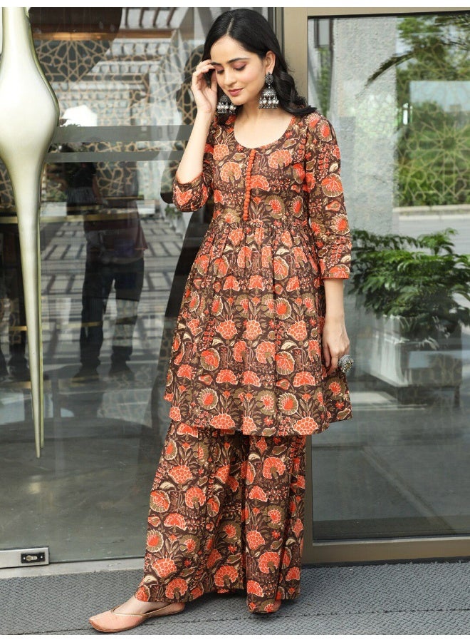 AKS Couture Floral Printed Pure Cotton Kurta with Sharara & Dupatta - Image 3
