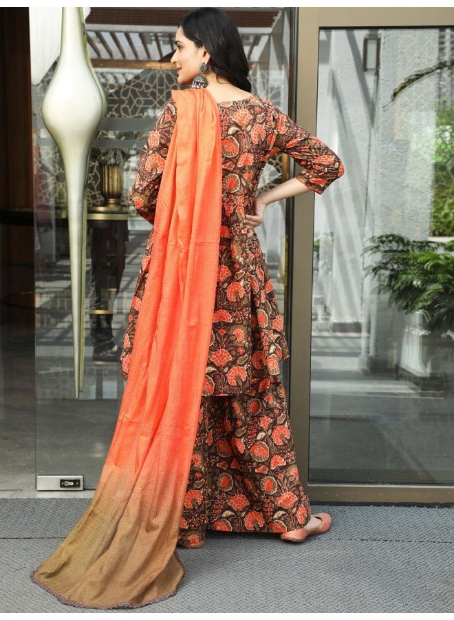 AKS Couture Floral Printed Pure Cotton Kurta with Sharara & Dupatta - Image 5