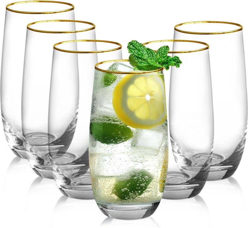 Icesip Drinking Glasses Set of 6, 18 oz Gold Rimmed Glassware Cups Drinking Crystal Tall Highball Glasses Drinking Set for Mojito Juice Water Beverage Cocktail - Image 1