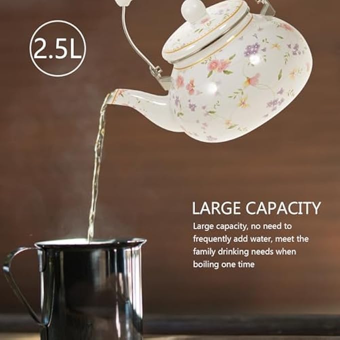 DOITOOL Enamel Tea Kettle 25L Vintage Floral Teakettle For Stovetop Colorful Water Tea Kettle Enamel On Steel Teapot With Filter And Cool Touch Stovetop Tea Kettle For Hot Water - Image 3