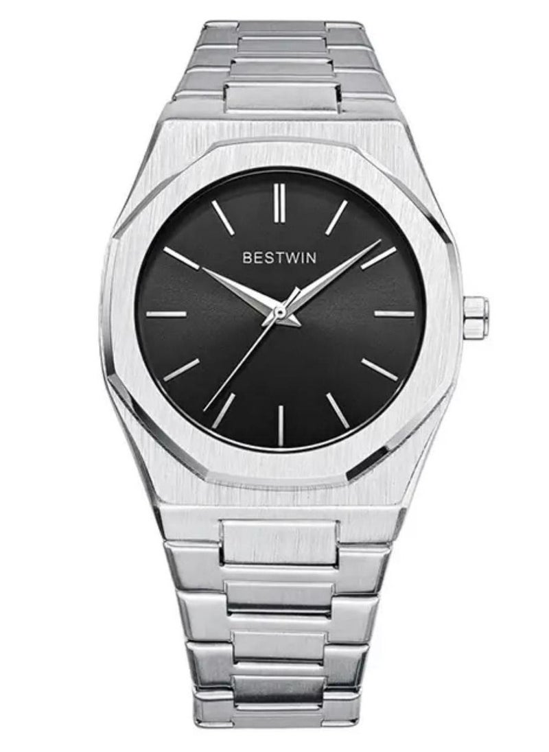 Bestwin - Slim Watch for Men, Limited Edition, by Bestwin, Silver Band with Black Dial - Image 1