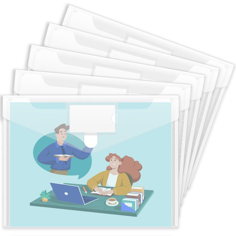 Sooez حزمة 5 من الأظرف البلاستيكية سووز، أظرف بولي، ملفات مستندات شفافة بحجم US Letter A4 مع جيب للتسمية لتنظيم المدرسة والمنزل والعمل والمكتب، شفاف - Image 1