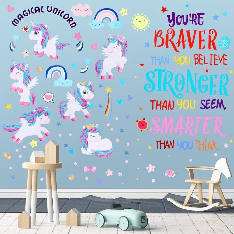 klarako 5 Sheets Unicorn Wall Decals Removable Unicorn Wall Stickers Colorful Inspirational Wall Decal Motivational Phrases Sticker for Girls Kids Bedroom Nursery Birthday Party - Image 2