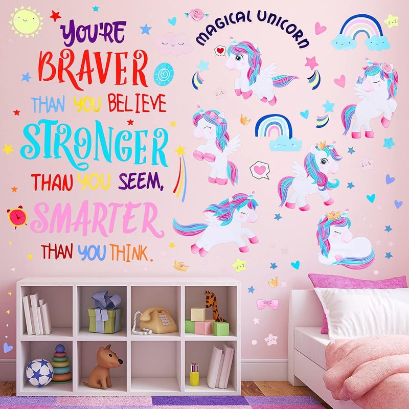 klarako 5 Sheets Unicorn Wall Decals Removable Unicorn Wall Stickers Colorful Inspirational Wall Decal Motivational Phrases Sticker for Girls Kids Bedroom Nursery Birthday Party - Image 1