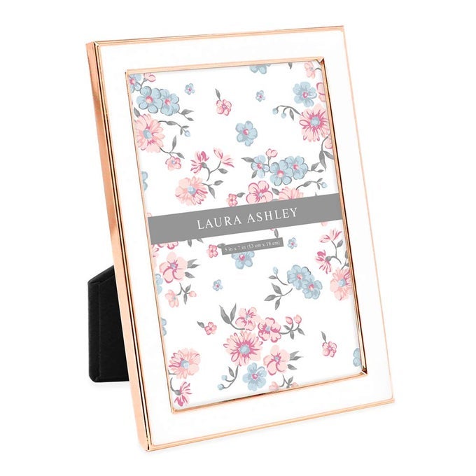 5X7 WHITE ENAMEL PICTURE FRAME ROSE GOLD METAL EDGE WITH EASEL FOR COUNTERTOP COUNTERSPACE TABLETOP DISPLAY BOOKSHELF DESK WALL DCOR PHOTO GALLERY