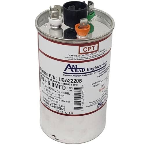 AMRAD 60 + 5 uf/Mfd Round Dual Universal Capacitor Replacement Amrad USA2220B Replacement - Used for 370 or 440 VAC, Made in The U.S.A. - Image 1