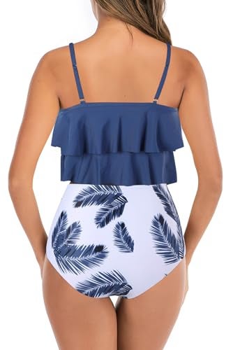 Adisputent Womens High Waisted Bathing Suits Flounce Halter Tank Top Bikini Bottoms Tummy Control Modest Swimwear Two Piece Swimsuits Tankini Blue Feather M - Image 2