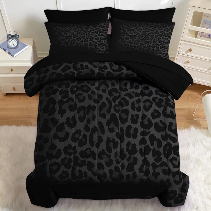 Nesker 7 Pcs Comforter Set Queen Size, Leopard Print Wild Animal Bedding Set for Kids and Adults, Black Grey African Cheetah Wildlife Sheets Bed Sheet Sets with Fitted Sheet 2 Pillowcases & 2 Shams - Image 3